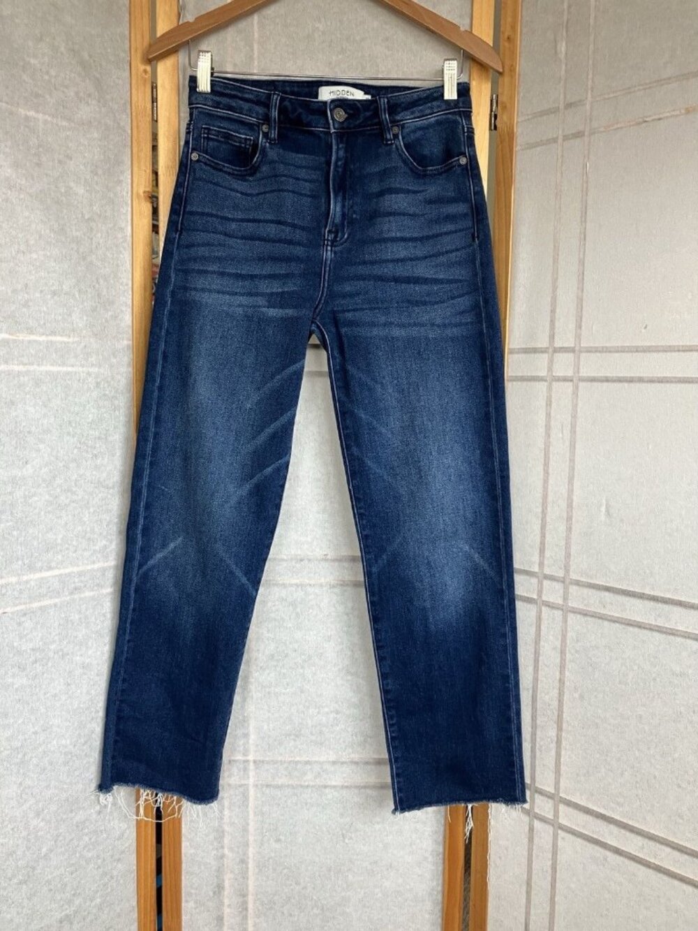 Hidden Denim Jeans, High Rise Straight Cropped Womens Sz: 27 Dark Blue Raw Hem
